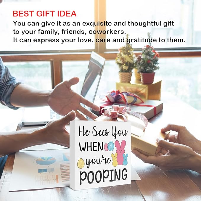 Easter Bathroom Decor - Easter Decorations for Home - He Sees You When You Are Pooping Wooden Sign Home Bathroom Toilet Desk Table Shelf Decor - 5 x 5 Inches