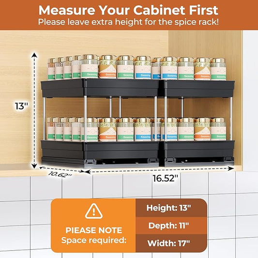 Pull Out Spice Rack Organizer for Cabinet, Slide Out Spice Racks Organizer, Easy to Install Spice Cabinet Organizers, 8.26''Wx10.62''Dx8.66''H, 2 Packs-2 Tiers (Black)