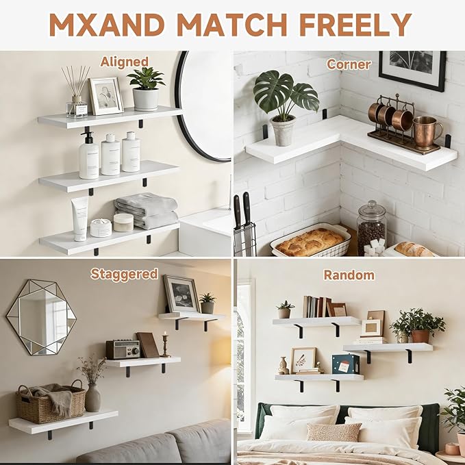 LifetimeWarranty Wall Shelves With Brackets, NOT Floating Easy Install 15.7Inch Solid Wood Shelf 3PCS, Modern Storage Display Shelves for Books Plants Frames, Ledge Shelf for Bathroom Bedroom Kitchen