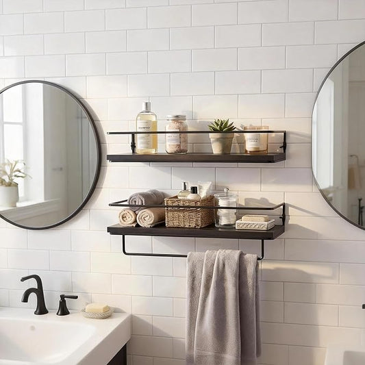 Floating Bathroom Shelves Set of 2 Wall Mounted Shelf with Black Metal Frame and Towel Rack for Bathroom Over Toilet Storage and Organizers for Bedroom Living Room Kitchen Office