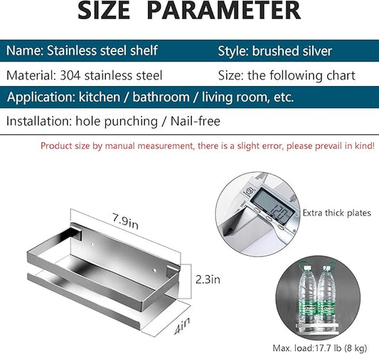 Rustproof Metal Storage Floating Shelves Wall Mounted Rectangular Shelf for Bedroom,Bathroom, Living Room, Kitchen, and Laundry Room,Nail-Free Wall-Mounted Shelves(7.9 Inch Silver)