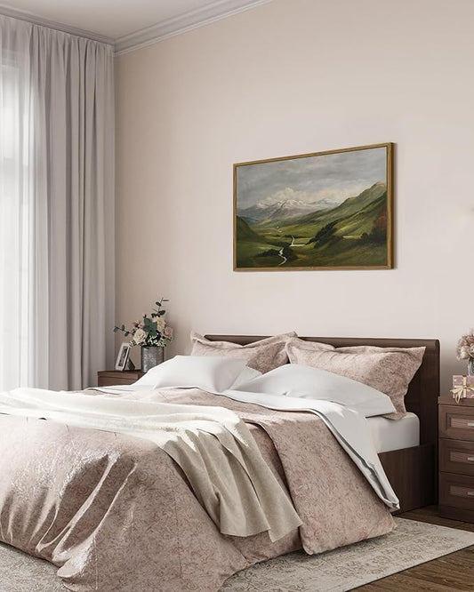 SHENIFY Landscape 24x36in Large Vintage Framed Canvas Wall Art Classical Mountain Range Valley Prints Farmhouse Bathroom Office Decor - Natural Framed