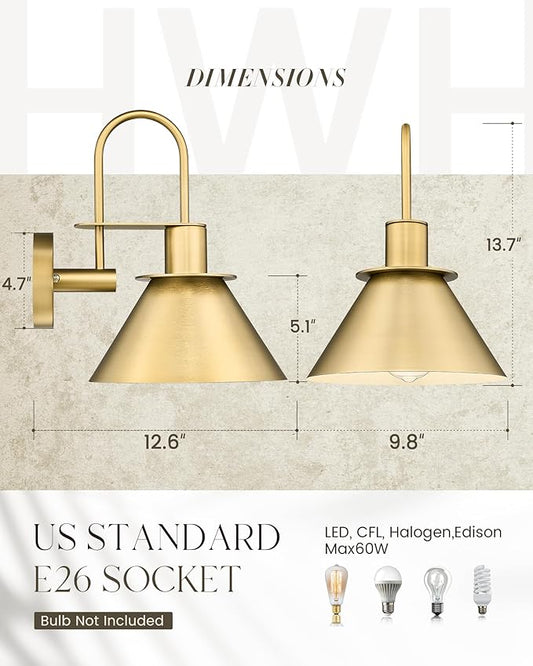 Brass Wall Sconce, HWH Modern Wall Light Sconces for Bedroom Bathroom, 1-Light Indoor Wall Light Fixtures with Metal Shade, White Interior, Gold Finish, 5HZG56BL BG