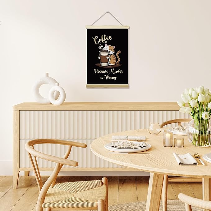 LETUROIA Cat Coffee Poster Hanger Frame, Because Murder is Wrong Canvas Wall Decor(12×16"), Wall Art For Home Kitchen Cafe Bar Shelf Office -40
