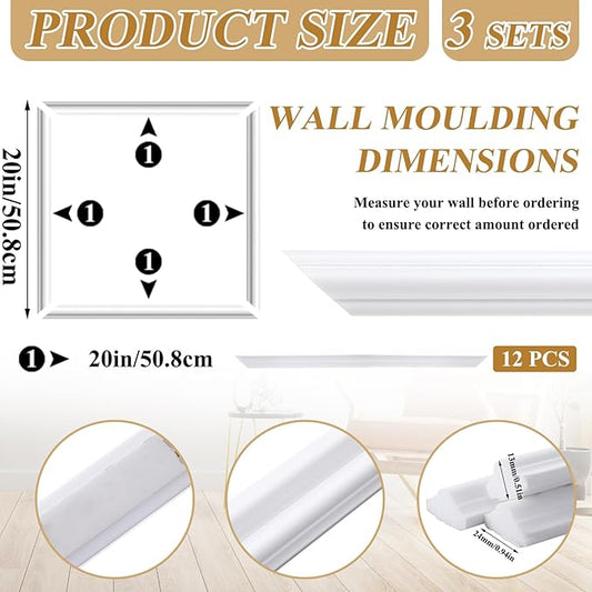 3 Set Accent Peel and Stick Wall Molding Kit Premade Wainscoting Panels Wall Molding Panel White Pre Cut Trim for Walls Picture Frame Decor for Home Decoration(20 x 20 Inch)