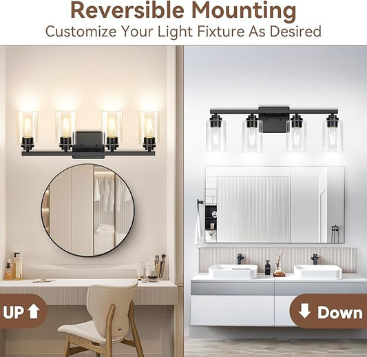 VerRon 4 Lights Bathroom Light Fixtures, Matte Black Modern Vanity Lights Over Mirror with Clear Glass Shades, Bathroom Wall Sconce for Mirror Living Room Cabinet Bedroom Porch