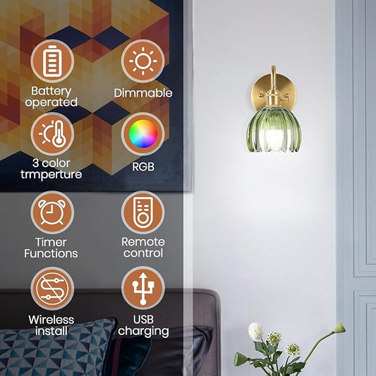 Battery Operated Wall Sconce Vintage,Battery Wall Sconces Set of Two with RGB Dimmable Remote Control,Rechargeable Wireless Wall Lights with Remote for Bedroom Living Room (Green)