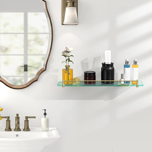 20 Inches Glass Shelves for Bathroom, Brushed Gold Floating Glass Shelf Stainless Steel Tempered Glass Bathroom Shelves for Wall Mount Modern
