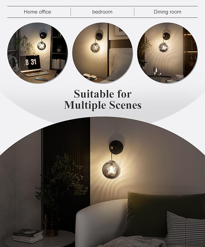 Metro Sphere Glass Wall Sconce - Mid Century Modern Wall Light with Hardwired or Plug-in, 3-Way Dimmable,Minimalist Wall Mounted Lamp for Modern Home Decor,Inclub E26 Bulb