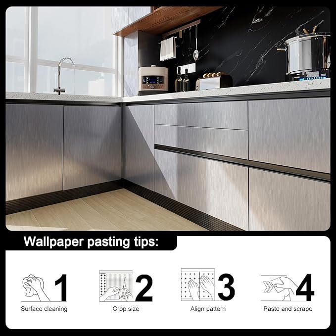 Stainless Steel Contact Paper 23.6"x 196" Silver Stainless Steel Contact Papers Peel and Stick Countertop Removable Self Adhesive Thick Texture Vinyl Waterproof Wallpaper for Fridge Kitchen Cabinets