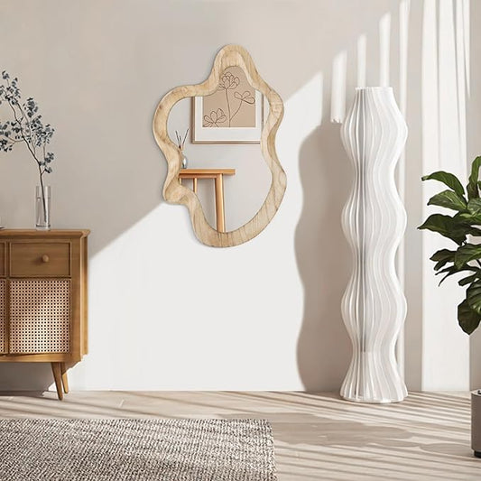 Large Asymmetrical Wall Mirror Irregular Wood Frame Mirror Modern Unique Wall-Mounted Artistic Wavy Mirror Decor Bathroom Vanity Bedroom Living Room Entryway Hallway 21.6"x15" Natural