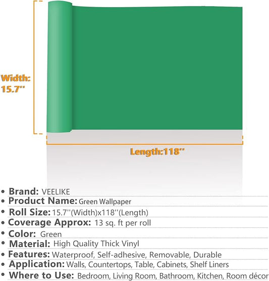 VEELIKE 15.7''x118'' Matte Shamrock Green Wallpaper Peel and Stick Vintage Green Contact Paper Waterproof Self Adhesive Removable Wallpaper for Bedroom Walls Cabinets Countertops Drawer Shelves Vinyl