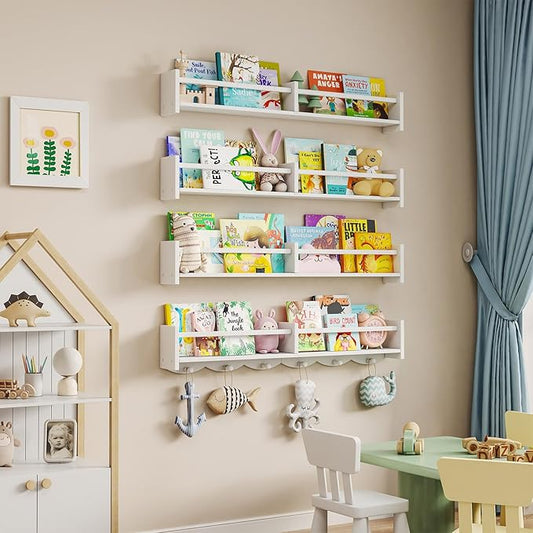 34Inch Nursery Bookshelves,Set of 4,Wall Floating Shelf Kids Coat Rack with 6Hooks,Hanging Book Shelf for Baby Nursery Room Décor ,Patent Number: 29958098(White, 34)