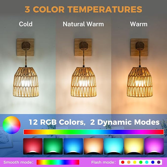 Rattan Wall Sconces Battery Operated, Boho Wall Sconce, Battery Operated Wall Sconce Set of Two, Rechargeable Woven Lantern Wireless Wall Light/Lamp for Bedroom Home Decor