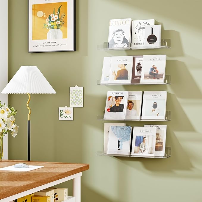 2 Pack Floating Shelves for Wall, 15" Clear Book Shelf, Acrylic Floating Wall Shelf, Display Shelves Organizer for Bathroom, Classroom, Bedroom, Living Room, Kitchen, Room Decor