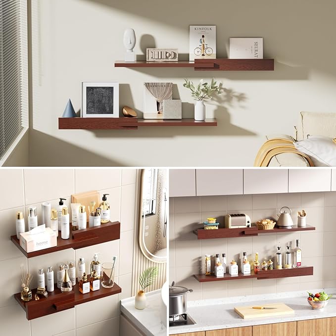 Floating Shelves for Wall, Set of 2 Rustic Wood 24 Inches Wall Mounted Shelves for Bathroom,Bedroom, Living Room &Kitchen, Heavy Duty Display Picture Ledge Shelf for Home Decor Storage Brown