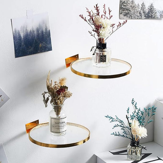 Cityelf Floating Shelves Wall Mounted Wall Decor Iron Glass Hanging Shelf Home Decor Set of 3 Display Ledge Shelves for Living Room Bedroom Office-Gold-S