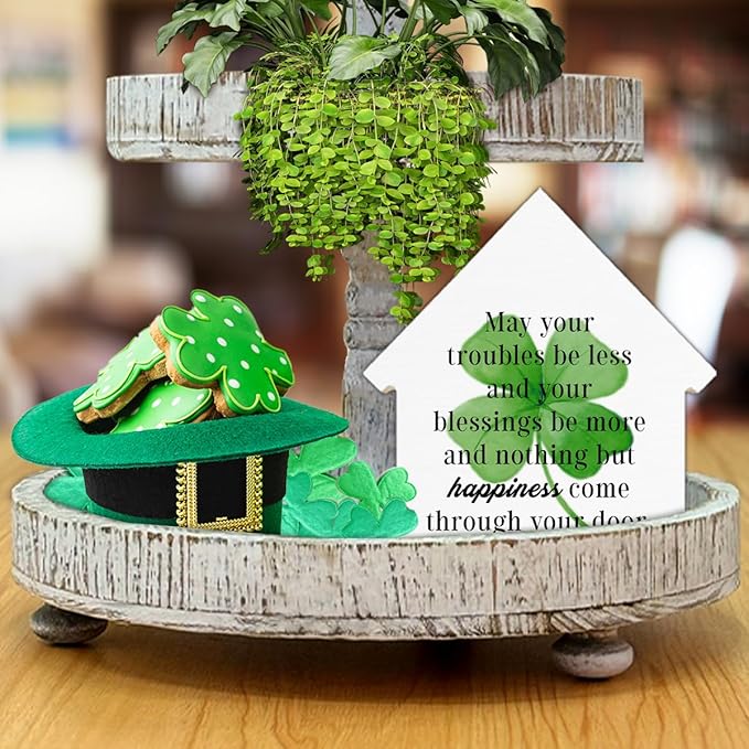 St. Patrick's Day Decor, Clover Decorations, May Your Troubles Be Less and Your Blessings Be More House Shaped Wood Block Sign, Home Decor for Desk Table Shelf, St Patricks Day Decorations
