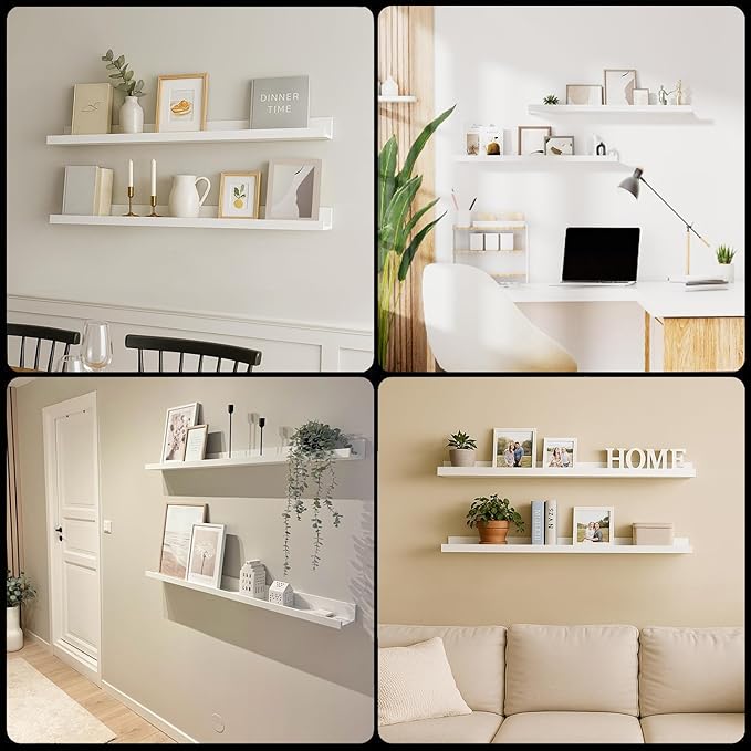 36inch Floating Picture Ledge Shelves 2-Pack, White Wall Mounted Shelves with Lip for Nursery, Kids Room, Living Room & Bedroom, Sturdy Floating Book Shelves for Photo Frames & Decor