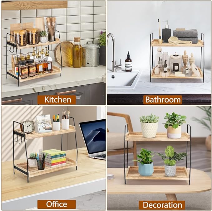 2-Tier Coffee Station Organizer for Countertop, Wooden Coffee Bar Organizer with 2 Cup Hooks, Countertop Storage for Bathroom, Kitchen, Holiday Decorations