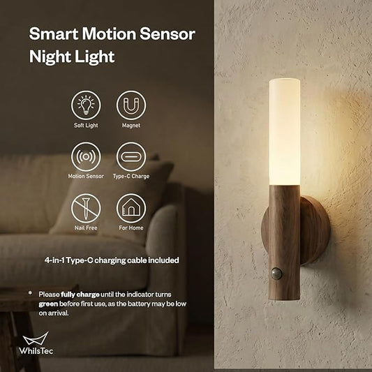 Motion Sensor Night Lights – 4 Pack Rechargeable Magnetic LED Sconces for Bedroom, Hallway & Picture Lighting + 4-in-1 Charging Cable (Oak Yellow)