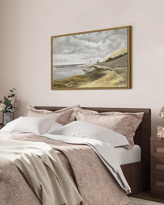 SHENIFY 24x36in Large Coastal Framed Canvas Wall Art Vintage Landscape Seascape Classic Hallway Bedroom Living Room Decor - Natural Framed