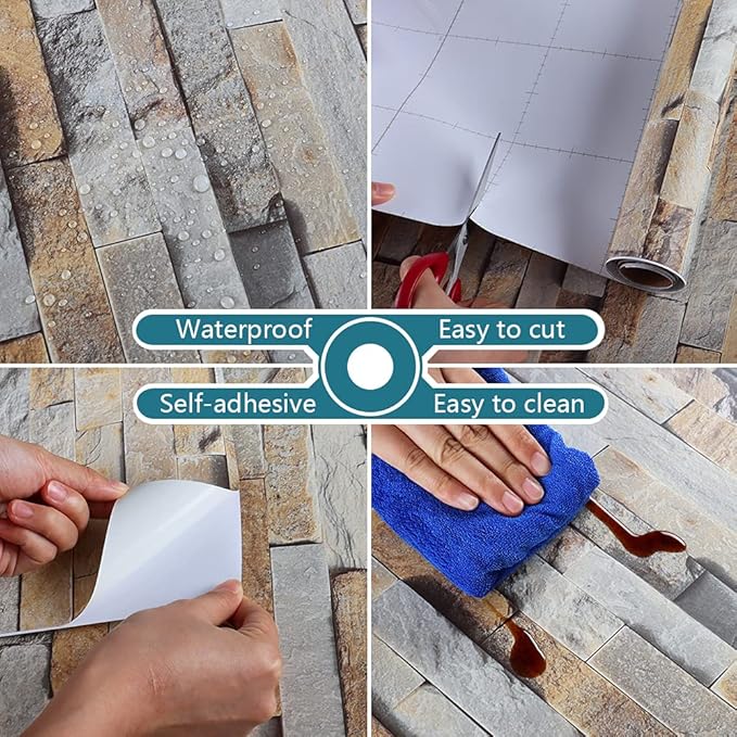 VEELIKE Slate Brick Wallpaper Peel and Stick Vintage Faux Brick Contact Paper for Dollhouse Fireplace Accent Walls 15.7''x354'' Self Adhesive Removable 3D Stone Wallpaper for Bedroom Bathroom Kitchen