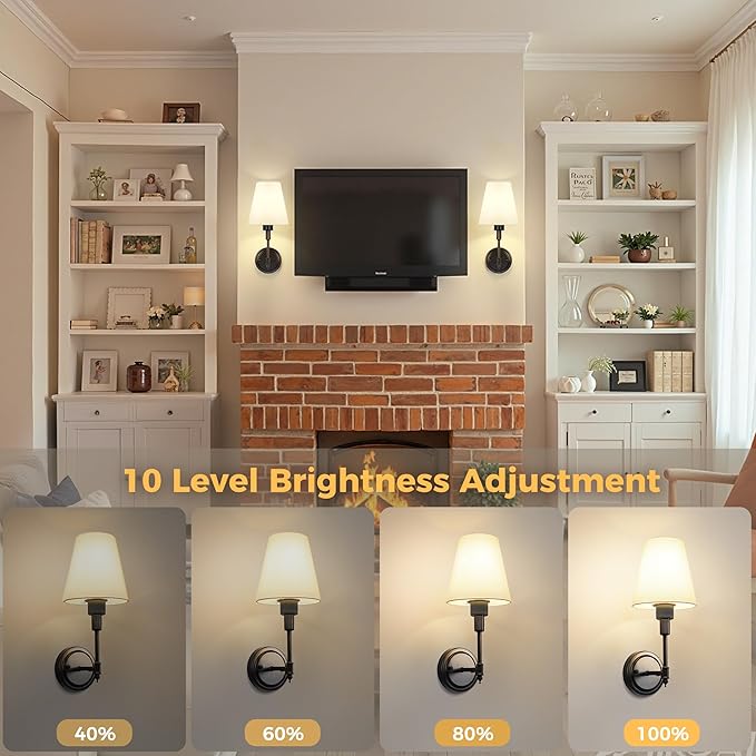 DORESshop Battery Operated Wall Sconce Set of 2, Wall Light Wireless Easy to Install, Dimmable and Adjustable Sconces Wall Decor, Rechargeable Wall Lamp for Bedroom, Living Room, Black 14.8in