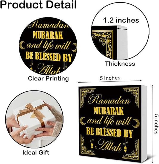 Ramadan Decorations - Islamic Decor - Ramadan Mubarak Wooden Sign Home Office Living Room Bedroom Kitchen Bathroom Desk Table Shelf Wall Decor - 5 x 5 Inches