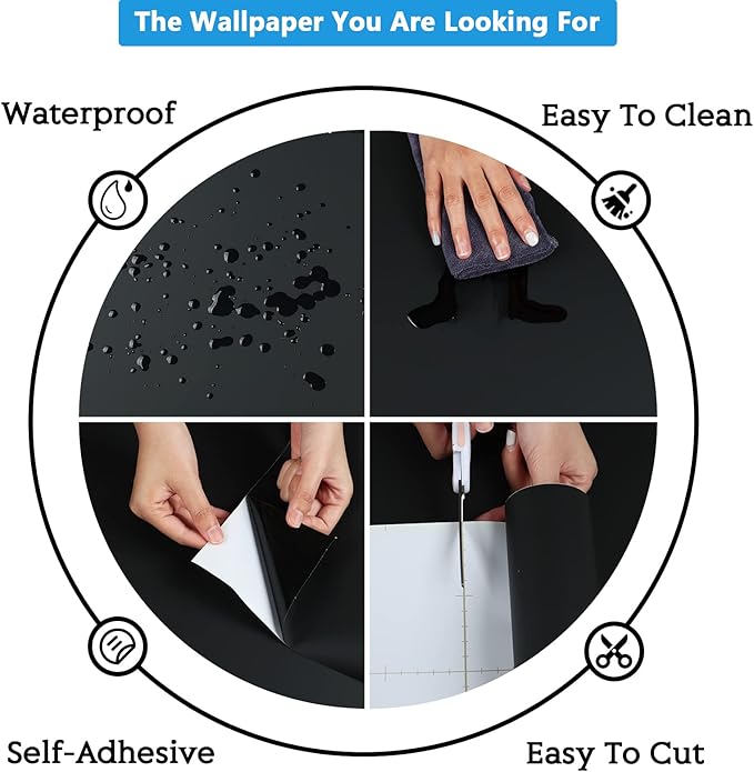 CRE8TIVE Black Wallpaper Peel and Stick Modern 24"x118" Wide Self Adhesive Matte Black Contact Paper for Countertops Waterproof Decorative Thick Black Vinyl Roll for Kitchen Bedroom Walls Cabinets