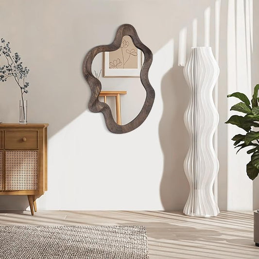 Asymmetrical Wavy Mirror for Wall Decor - Large Cute and Stylish Unique Wooden Framed Artistic Cloud Mirror, 21.6"x15" - Decorative for Living Room, Bedroom, Bathroom, Entryway