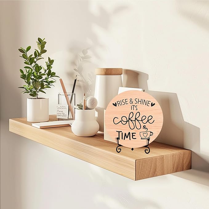 Coffee Desk Decor Sign, Farmhouse Wood Plaque, It Is Coffee Time Wood Sign, Cafe Lover Gifts, Decor For Home Kitchen Table Top, Wooden Round Decorations With Stand-16