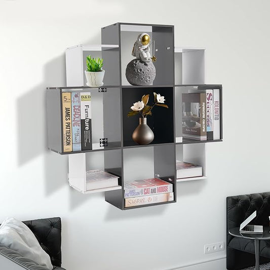 Book Shelf for Room Wall 3-Tiers 9 Compartment Wall Geometric Bookcase Floating Shelf for Living Room Decoration in Modern Design Holds up to 66.1 lbs (Black, White)
