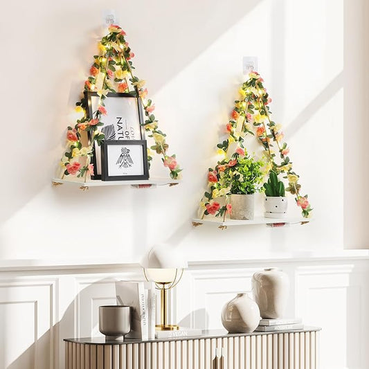 EXIN DECHEN Floating Shelves for Wall No Drilling,Wall Shelves,Hanging Shelf,Leaves and Light Strip with Flower,Set of 2 Plant Decor for Home Livingroom Bedroom,Led Room Decor Aesthetic,Gift
