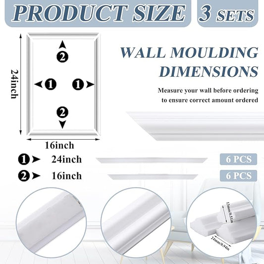 3 Set Accent Wall Molding Kit Premade Wainscoting Panels Wall Molding Peel and Stick Panel White Pre Cut Trim for Walls Picture Frame Molding for Home Decoration(16 x 24 Inch)