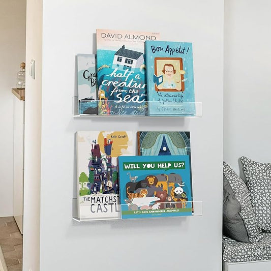 NIUBEE 16.5-Inch Acrylic Floating Bookshelves, 2-Pack, Clear Modern Wall Shelves for Child/Toddler, Invisible Ledge Book Shelves for Nursery/Kids Room/Playroom/Small Spaces.
