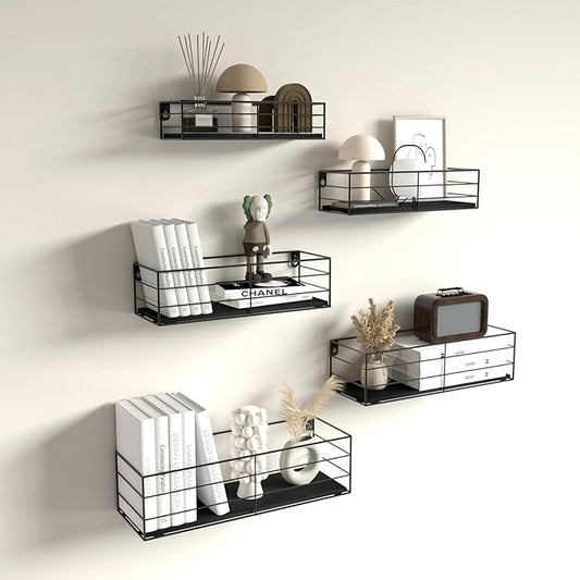 CRUGLA Floating Shelves Wall Mounted Set of 5, Black Hanging Storage Wall Shelf for Bathroom, Kitchen, Bedroom, Living Room Home Decor