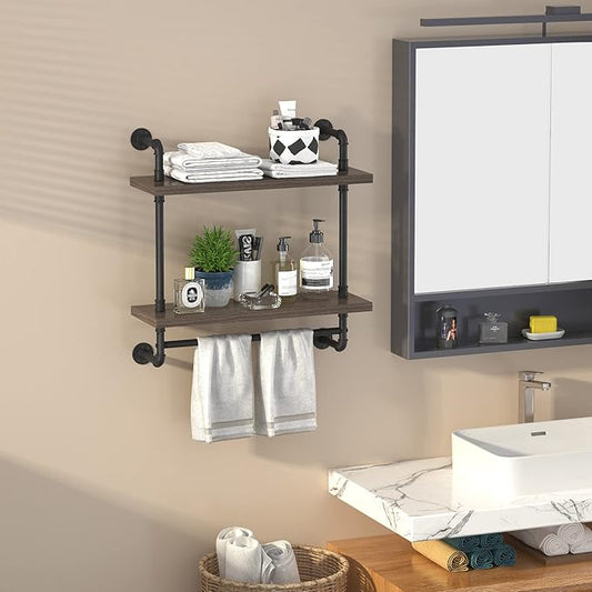 Helsin 2 Tier Wood Floating Shelves Towel Rack, Industrial Pipe Bathroom Shelves Wall Mounted with Towel bar, Wall Display Storage Shelf for Home & Bathroom Decor (Gray, 24inch)