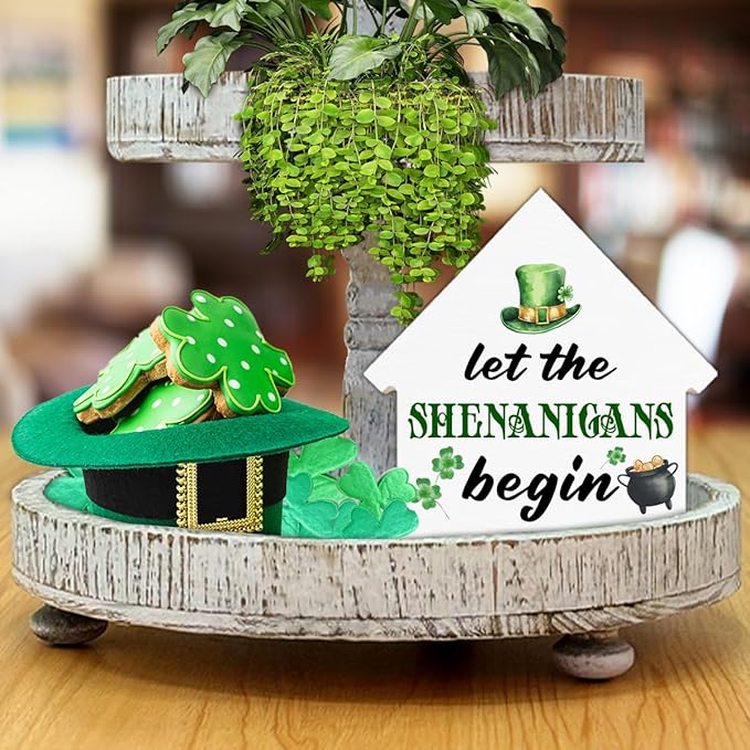 Funny St. Patrick's Day Irish Decor, Let the Shenanigans Begin House Shaped Wood Block Sign, Home Decor for Desk Table Shelf, St Patricks Day Decorations