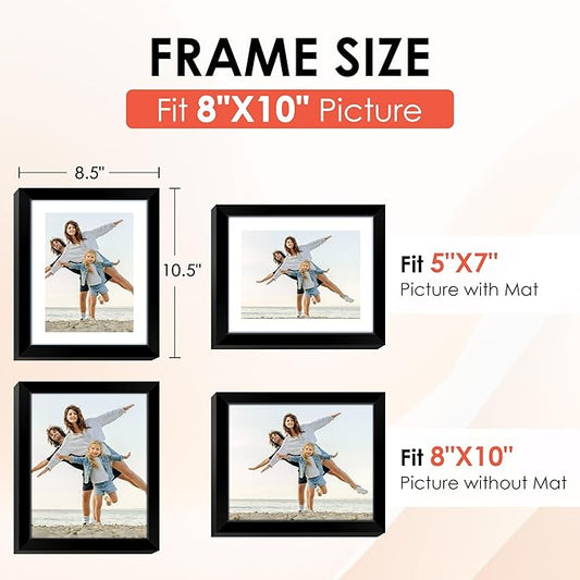 FIXSMITH 8x10 Picture Frame, Black Photo Frame with HD Plexiglass, Display Pictures 5x7 with Mat or 8x10 Without Mat, Picture Frames Collage for Tabletop or Wall Display, 2 Pack