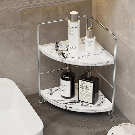 2-Tier Corner Bathroom Organizer, Countertop Perfume Makeup Shelf Cosmetics Storage Shelf Display Rack Vanity Shelf,Kitchen Spice Rack,PP Imitation Marble Design,Tool-Less Install(Silver)
