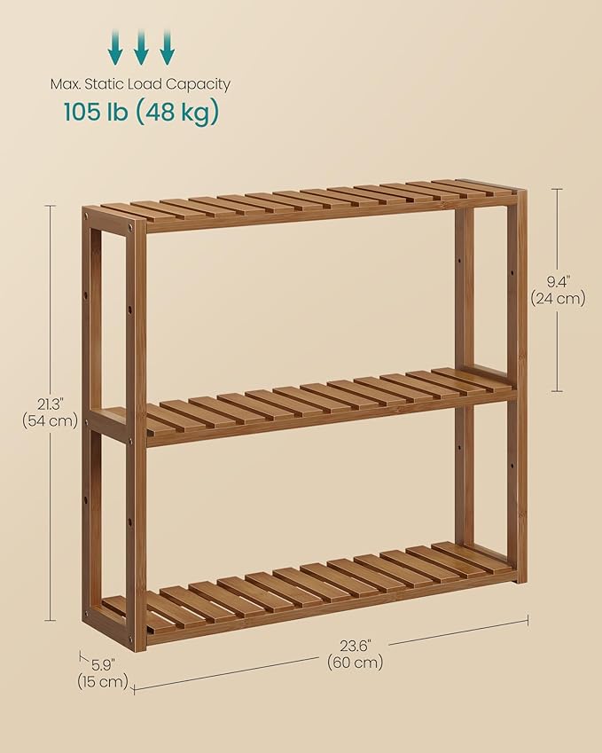 SONGMICS Bamboo Bathroom Shelf, 3-Tier Adjustable Plants Rack, Wall-Mounted or Stand, in The Living Room, Balcony, Kitchen, 5.9 x 23.6 x 21.3 Inches, Coffee Brown UBCB013K01