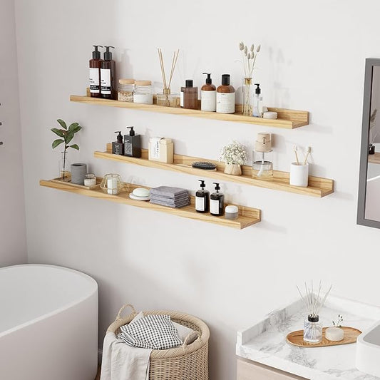 RICHFOCUS Floating Shelves for Wall, 48 inch Solid Wood Picture Ledge Shelf for Wall Storage, Nursery Book Shelves with Lip for Living Room Bathroom Bedroom Kitchen, Set of 3, Natural