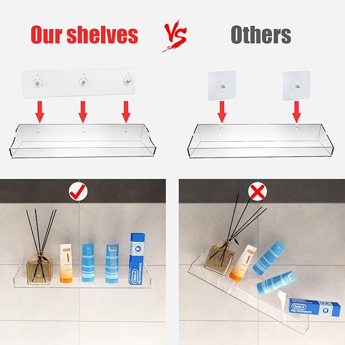 Acrylic Shower Shelves, 2 Pack Self Adhesive Bathroom Clear Floating Shelf Wall Mounted Thick Storage and Decor Rv Accessories Display No Drilling Organization Home Apartment Essentials
