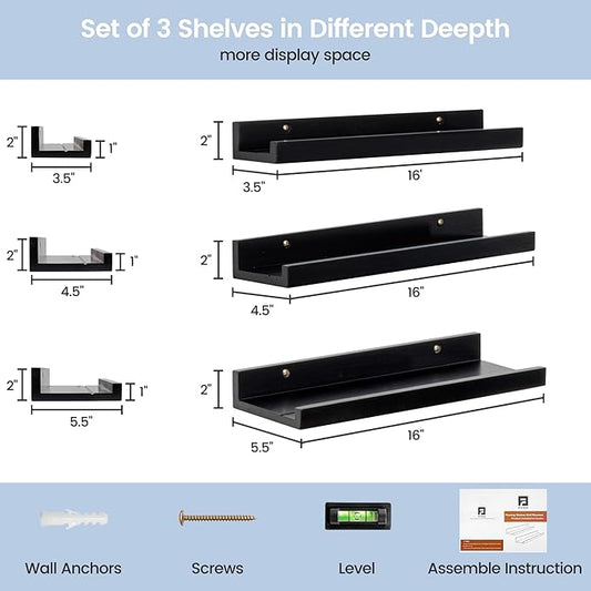 Picture Ledge Wall Shelves 16 inches Width Set of 3, Solid Pine Wood Rustic Floating Ledge Shelves for Wall for Kids' Room Bedroom Kitchen Bathroom Living Room Nursery Display Decor, Black