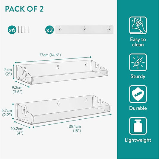 Navaris Clear Acrylic Shower Shelves (Set of 2) - Stick On or Screw Mount Adhesive Shelves for Bathroom - No Drilling or Nails Thin Plastic Wall Shelf