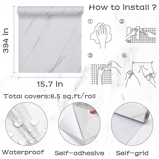 Glossy Marble Contact Paper White Peel and Stick Wallpaper Marble Wallpaper Self-Adhesive Removable 15.7"x394" Wall Paper for Cabinets Bathroom Waterproof Wallpapers Modern Decorative