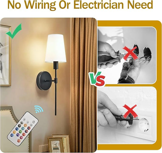 Battery Operated Wall Sconce Set of 2, Rechargeable Wall Lights with 2 * 52000mAh Magnetic Battery Bulbs, 18 RGB Colors, Dimmable Wireless Sconces for Bedroom Living Room Hallway