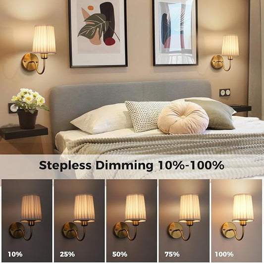 Battery Operated Wall Sconce Set of Two, Wireless Wall Sconces with 10000mAh Dimming Magnetic Bulb, Rechargeable Wall Sconce with Pleated Fabric for Bedroom Living Room Gallery Hallway, Gold