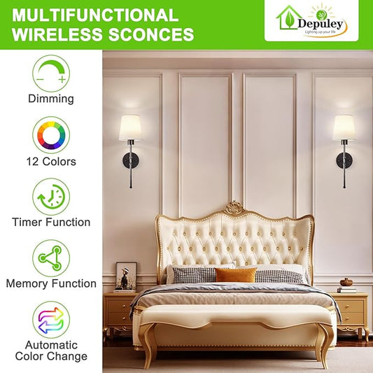 Depuley Battery Operated Wall Sconce: 19.9 Inch Set of 2 Wireless Wall Lights with Remote for Bedroom - Rechargeable 15 Colors Black Wall Lamp for Living Room Hallway Decor